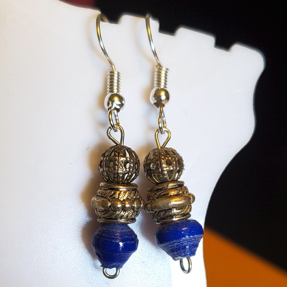 Silver Tone Hook Bead and Paper Dangle Earrings